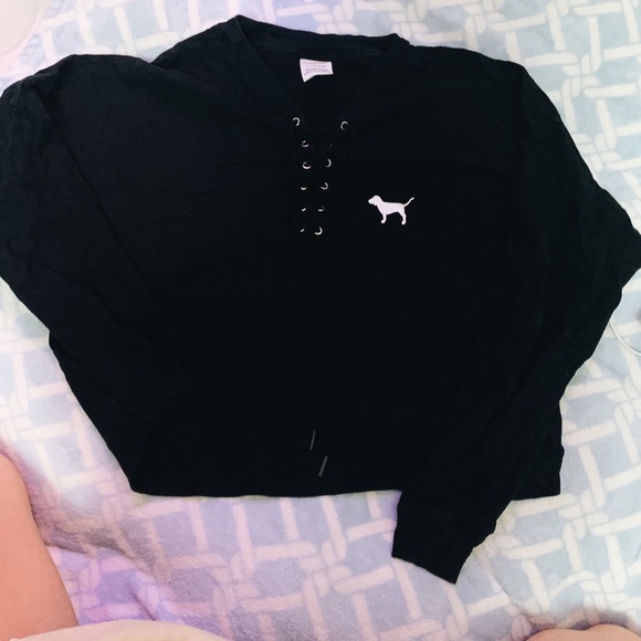 PINK Victoria's Secret Tops - LOVE PINK Black Cropped Sweater Lace up